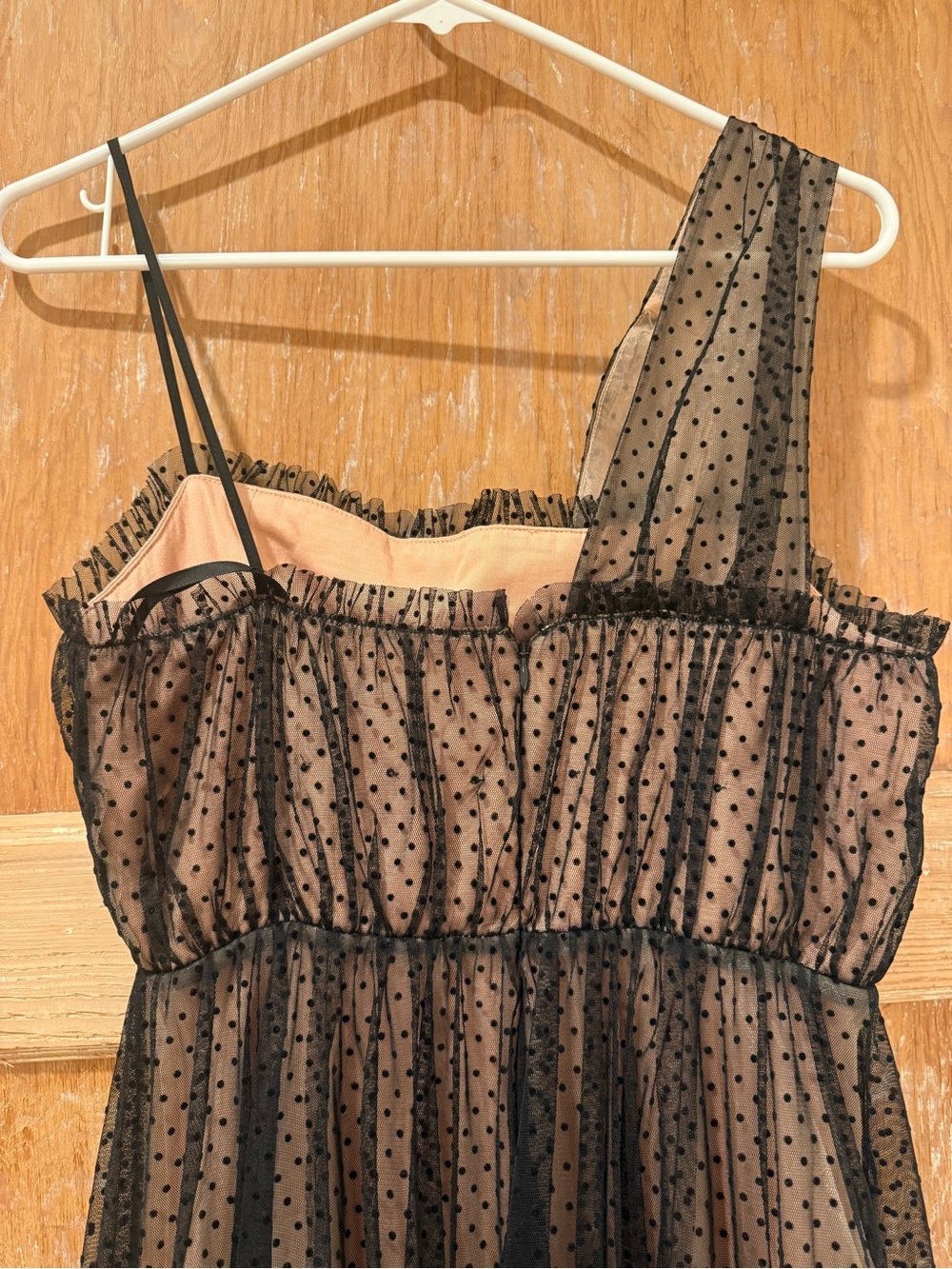 Anthropologie Black Polka Dot One-Shoulder Tulle Dress with Nude Lining - Picture 5 of 7